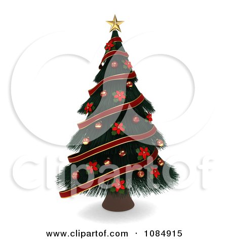 Clipart 3d Christmas Tree Decorated In Poinsettias And Ribbons - Royalty Free CGI Illustration by BNP Design Studio