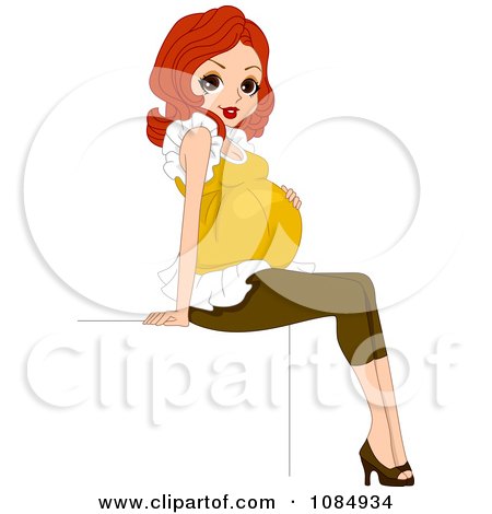 Clipart Pretty Red Haired Pregnant Woman Sitting On A Sign - Royalty Free Vector Illustration by BNP Design Studio