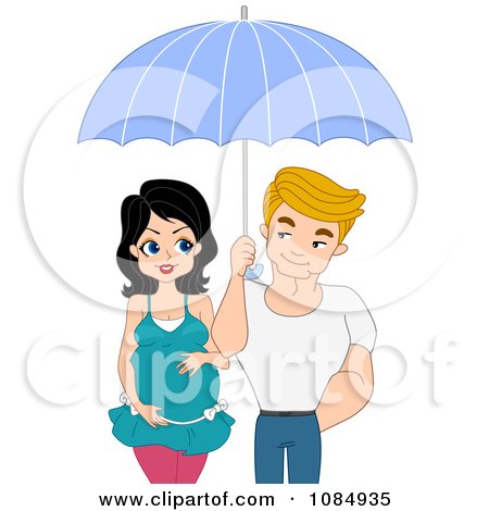 Clipart Happy Pregnant Couple Under An Umbrella - Royalty Free Vector Illustration by BNP Design Studio