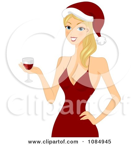Clipart Christmas Woman Holding Red Wine - Royalty Free Vector Illustration by BNP Design Studio