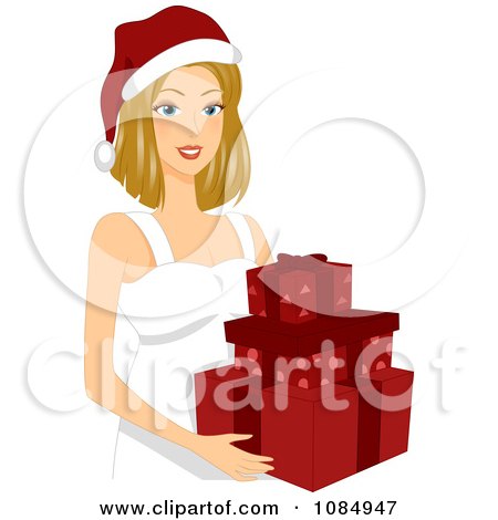 Clipart Christmas Woman Holding A Tower Of Gifts - Royalty Free Vector Illustration by BNP Design Studio