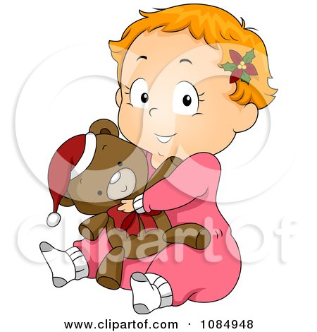 Clipart Christmas Toddler In Pjs Hugging A Teddy Bear - Royalty Free Vector Illustration by BNP Design Studio
