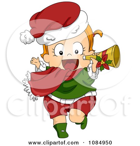 Clipart Christmas Toddler Running With A Trumpet - Royalty Free Vector Illustration by BNP Design Studio