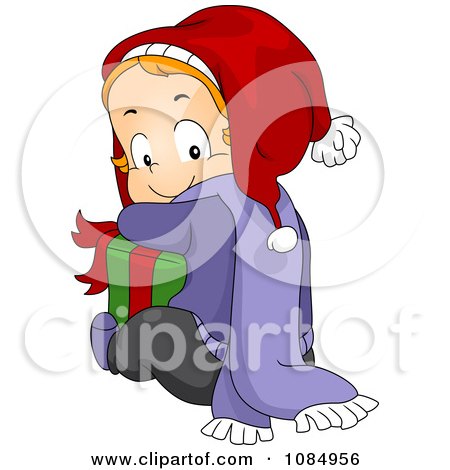 Clipart Christmas Toddler Hugging A Gift - Royalty Free Vector Illustration by BNP Design Studio