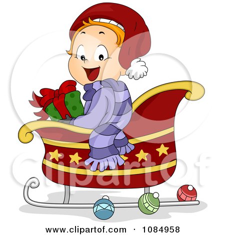 Clipart Christmas Toddler Sitting In A Sleigh With A Gift - Royalty Free Vector Illustration by BNP Design Studio