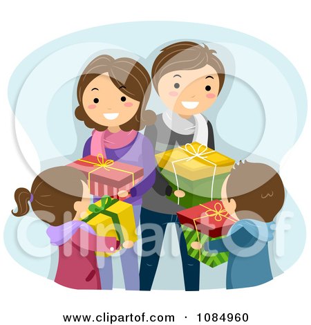 Clipart Happy Family Exchanging Christmas Gifts - Royalty Free Vector Illustration by BNP Design Studio