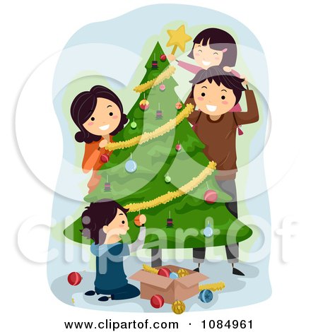 Clipart Happy Family Trimming Their Christmas Tree - Royalty Free Vector Illustration by BNP Design Studio