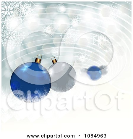 Clipart 3d Blue And Silver Christmas Baubles And Snowflakes With Copyspace - Royalty Free Illustration by MilsiArt