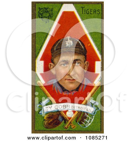 Vintage Baseball Card Of Ty Cobb Of The Detroit Tigers, With Baseball Gear, Over Green - Royalty Free Stock Illustration by JVPD