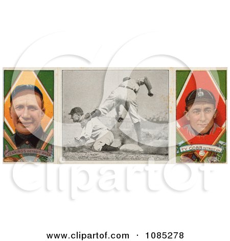 Vintage Baseball Card Of Hughie Jennings And Ty Cobb With A Center Photo - Royalty Free Stock Illustration by JVPD