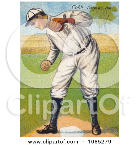 Vintage Baseball Card Of Ty Cobb Standing Over A Base And Looking Down - Royalty Free Stock Illustration by JVPD