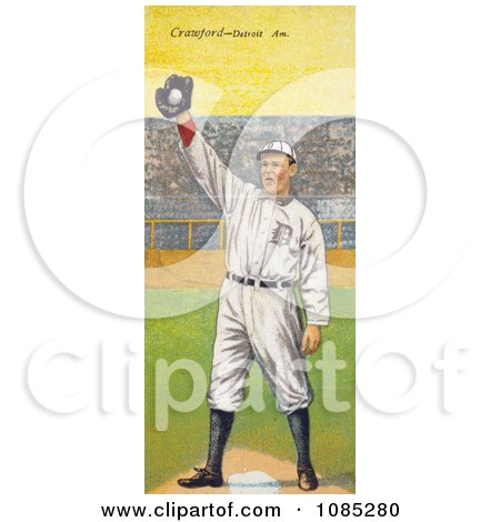 Vintage Baseball Card Of Sam Crawford Holding A Baseball In A Glove Over A Base - Royalty Free Stock Illustration by JVPD