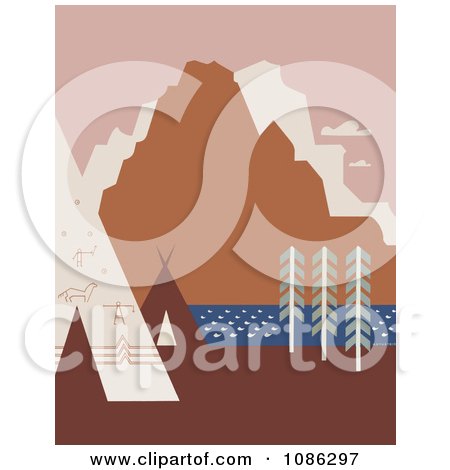 American Indian Tipis And Rock Art Near a River And Mountains in Montana - Royalty Free Historical Stock Illustration by JVPD