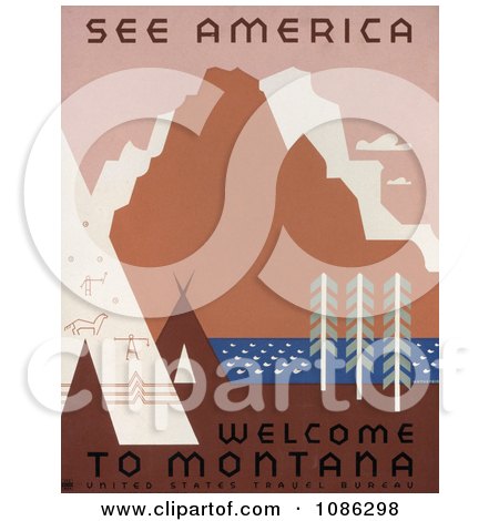Native American Tipis And Rock Art By A River And Mountains in Montana - Free Historical Stock Illustration by JVPD