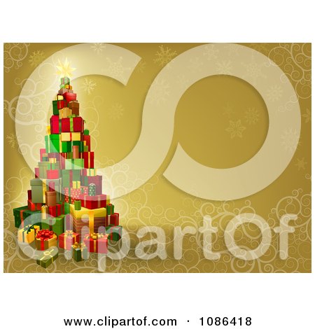 Clipart 3d Gift Tower Christmas Tree Over Gold With Snowflakes And Swirls - Royalty Free Vector Illustration by AtStockIllustration