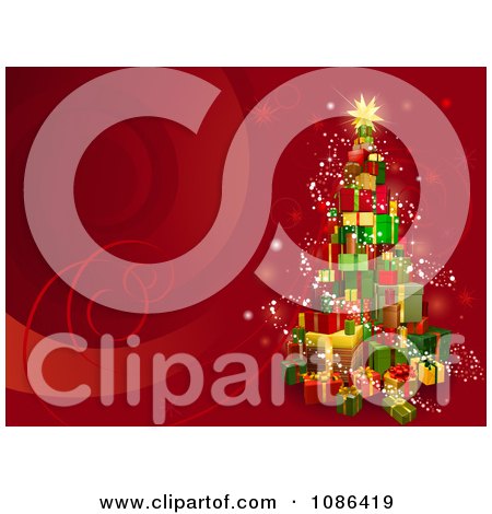 Clipart 3d Gift Tower Christmas Tree On Red With Swirls - Royalty Free Vector Illustration by AtStockIllustration