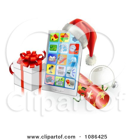 Clipart 3d Santa Hat On A Touch Phone With A Bauble Cracker And Christmas Gift - Royalty Free Vector Illustration by AtStockIllustration
