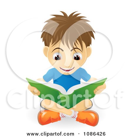 Clipart Excited Caucasian Boy Reading A Book On The Floor - Royalty Free Vector Illustration by AtStockIllustration