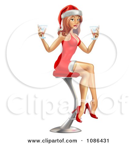 Clipart Sexy Christmas Pinup In A Santa Hat And Red Dress Sitting With Drinks - Royalty Free Vector Illustration by AtStockIllustration