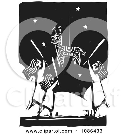 Clipart Girls Swinging At A Pinata With Bats Black And White Woodcut - Royalty Free Vector Illustration by xunantunich