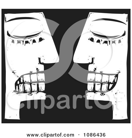 Clipart Black And White Woodcut Heads Standing Face To Face - Royalty Free Vector Illustration by xunantunich