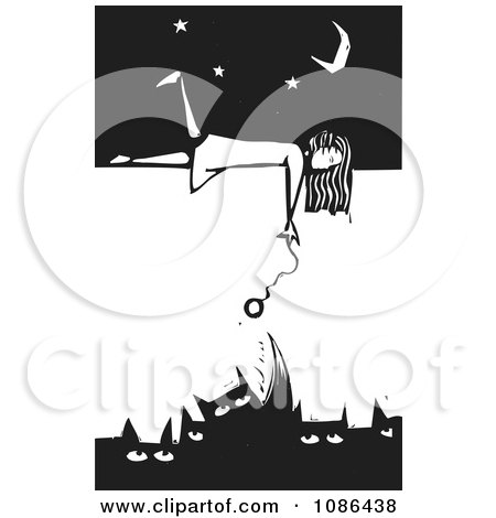 Clipart Girl Laying On A Wall And Dangling A Toy Down To Cats Black And White Woodcut - Royalty Free Vector Illustration by xunantunich