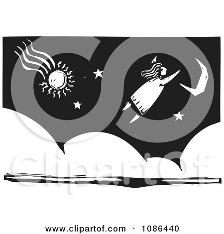 Clipart Girl Dreaming Of Flying Through A Night Sky Black And White Woodcut - Royalty Free Vector Illustration by xunantunich