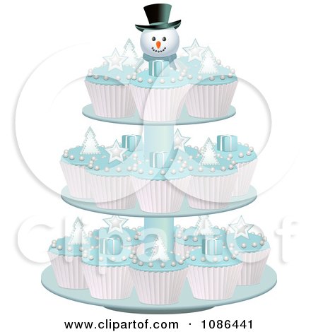 Clipart 3d Christmas Cupcakes With Blue Icing On A Snowman Stand - Royalty Free Vector Illustration by elaineitalia