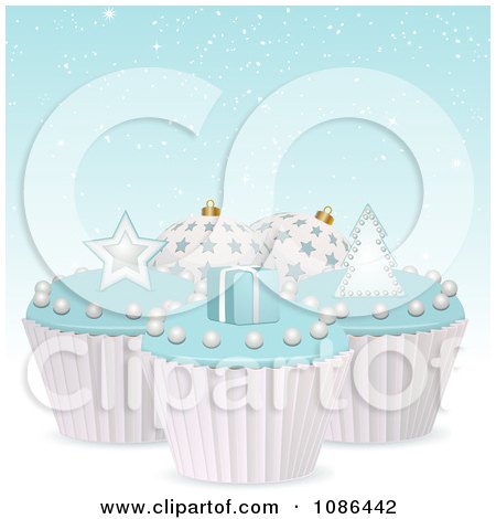Clipart 3d Christmas Cupcakes With Blue Icing - Royalty Free Vector Illustration by elaineitalia