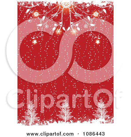 Clipart Ornate Red Glowing Flourishes Above Christmas Trees In The Snow - Royalty Free Vector Illustration by elaineitalia
