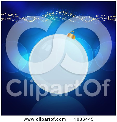 Clipart 3d Transparent Christmas Bauble On Blue With Flares Nad Gold Waves - Royalty Free Vector Illustration by elaineitalia