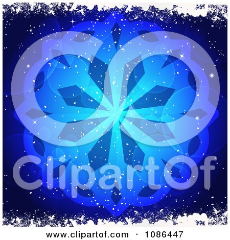Clipart Glowing Blue Snowflake And Flare Background With Snow Grunge - Royalty Free Vector Illustration by elaineitalia