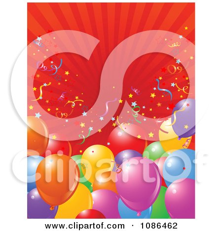 Clipart Party Balloon Background With Confetti And Red Rays - Royalty Free Vector Illustration by Pushkin