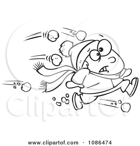 Clipart Outlined Outnumbered Boy Running From Snowballs - Royalty Free Vector Illustration by toonaday