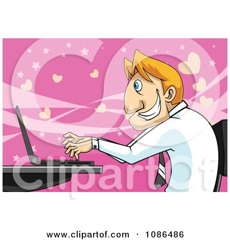 Clipart Caucasian Businessman Visiting An Online Dating Website Over Pink - Royalty Free Vector Illustration by mayawizard101