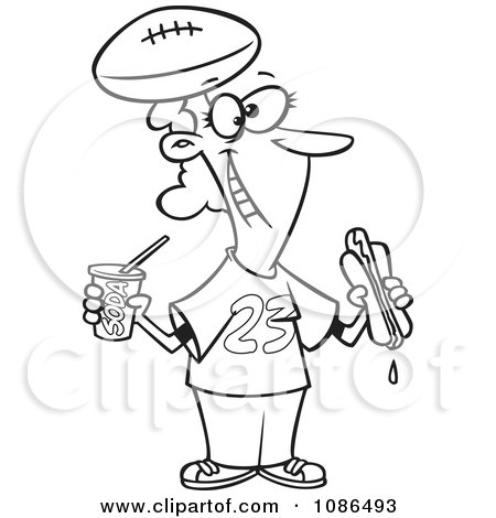 Clipart Outlined Diehard Football Fan Woman With Fast Food - Royalty Free Vector Illustration by toonaday