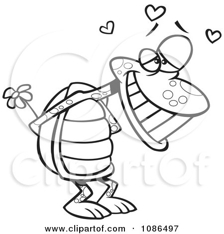 Clipart Outlined Infatuated Tortoise Holding Flowers - Royalty Free Vector Illustration by toonaday