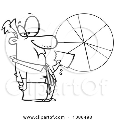 Clipart Outlined Businessman Eating A Pie Chart - Royalty Free Vector Illustration by toonaday