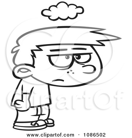 Clipart Outlined Grumpy Boy Under A Cloud Of Gloom - Royalty Free Vector Illustration by toonaday