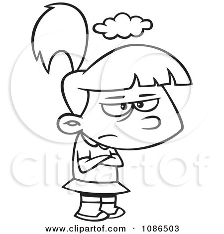 Clipart Outlined Grumpy Girl With A Cloud Over Her Head - Royalty Free Vector Illustration by toonaday