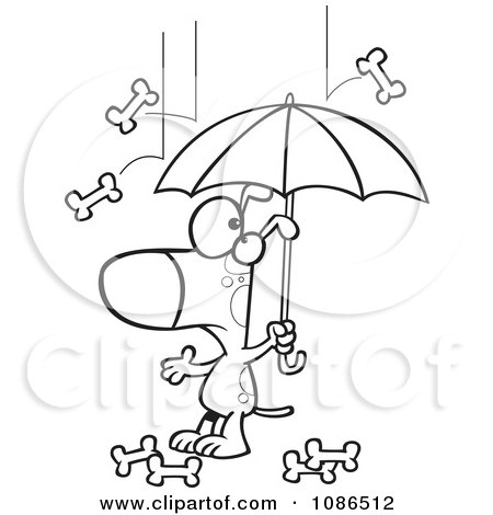 Clipart Outlined Dog Under An Umbrella In Bone Rain - Royalty Free Vector Illustration by toonaday
