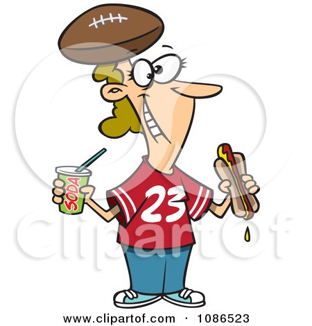 Clipart Diehard Female Football Fan With Fast Food - Royalty Free Vector Illustration by toonaday