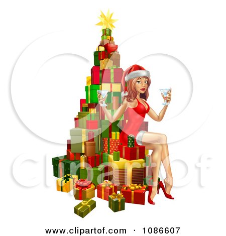 Clipart 3d Sexy Christmas Pinup Woman Sitting With Drinks On A Tree Of Gifts - Royalty Free Vector Illustration by AtStockIllustration