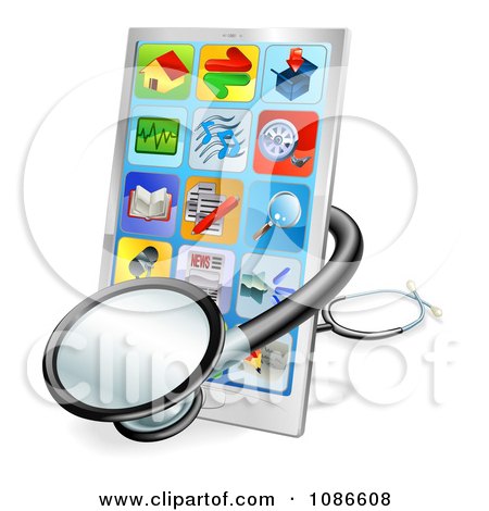 Clipart 3d Medical Stethoscope Around A Touch Screen Smart Cell Phone - Royalty Free Vector Illustration by AtStockIllustration
