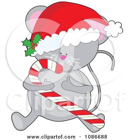 Clipart Cute Christmas Mouse Holding A Candy Cane And Wearing A Santa Hat - Royalty Free Vector Illustration by Maria Bell