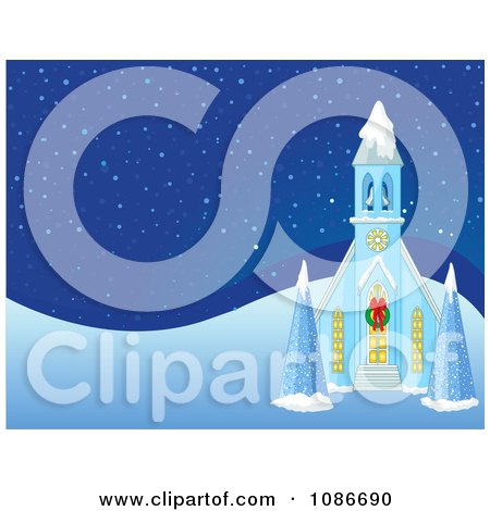 Clipart Christmas Church On A Snowy Night - Royalty Free Vector Illustration by Pushkin
