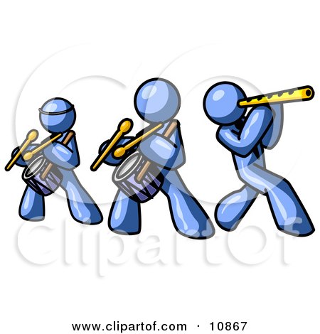 Three Blue Men Playing Flutes and Drums at a Music Concert Clipart Illustration by Leo Blanchette