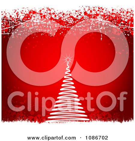 Clipart White Spiral Christmas Tree Over Red Snowflake Grunge - Royalty Free Vector Illustration by KJ Pargeter