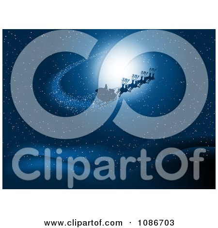 Clipart Santa And His Reindeer Flying On A Snowy Blue Night - Royalty Free Vector Illustration by KJ Pargeter