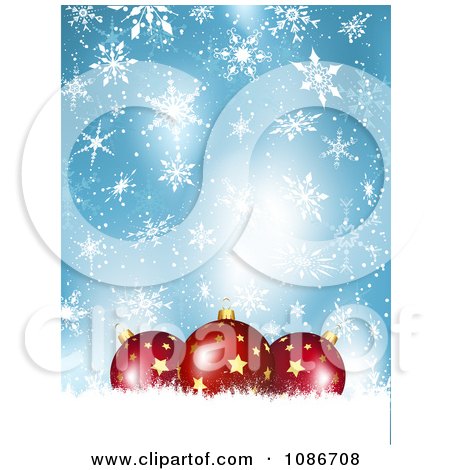 Clipart 3d Blue Snowy And Red Star Christmas Bauble Background - Royalty Free Vector Illustration by KJ Pargeter